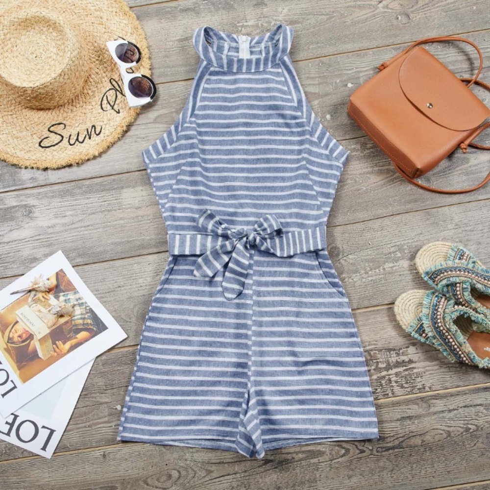 Medium blue and white striped romper